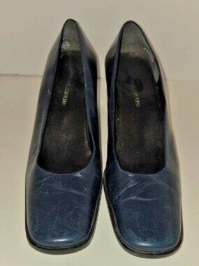 Enzo Angiolini Navy Square Toe Pumps Block Heel Leather Size 7.5